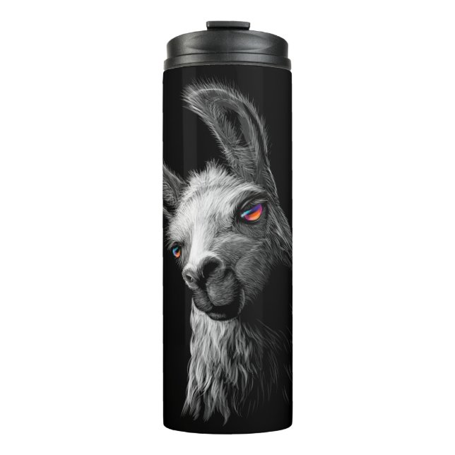 Portrait Head Cute Llama On Black Background  Thermal Tumbler (Front)