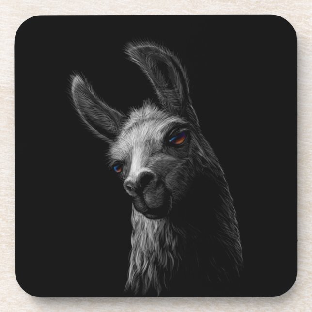 Portrait Head Cute Llama with a Black Background Coaster (Front)