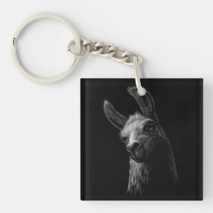Portrait Head Cute Llama with a Black Background Key Ring