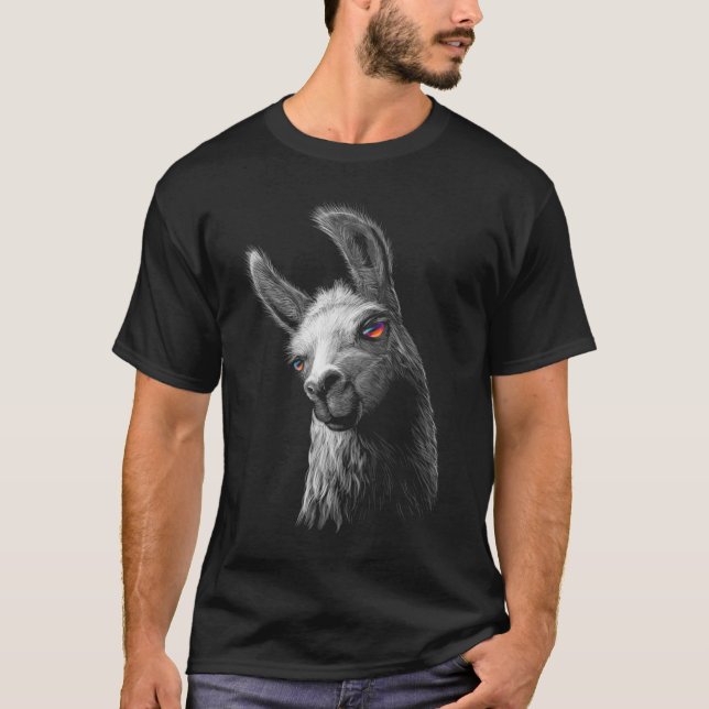 Portrait Head Cute Llama With Black Background T-Shirt (Front)