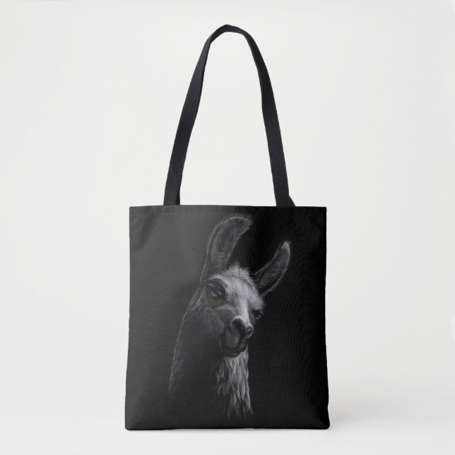 Portrait Head Cute Llama with Black Background Tote Bag (Front)