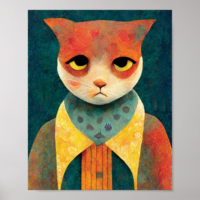 Portrait Illustration Of A Sad Ginger Cat Poster (Front)