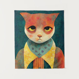 Portrait Illustration Of A Sad Ginger Cat Tapestry