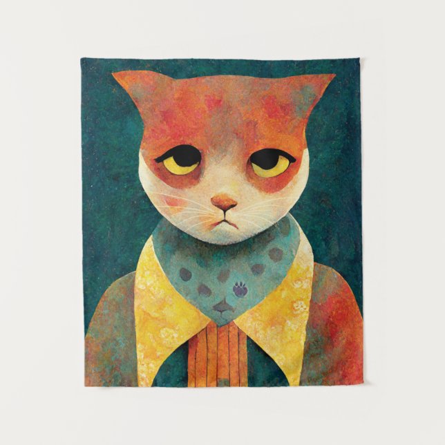 Portrait Illustration Of A Sad Ginger Cat Tapestry (Front)
