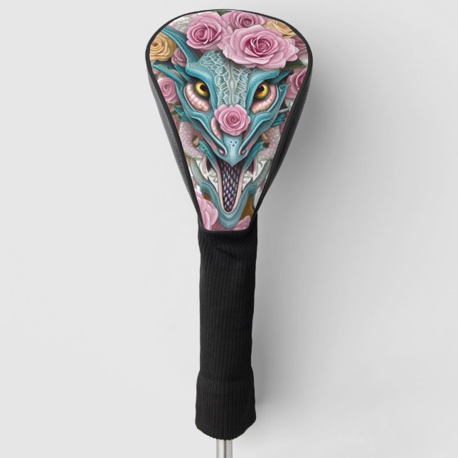 Portrait of a beautiful whimsical pink dragon head golf head cover (Front)