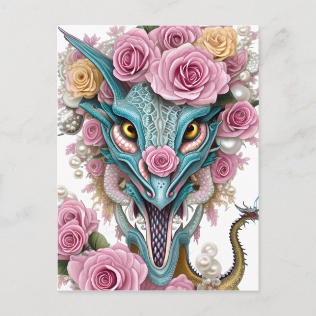 Portrait of a beautiful whimsical pink dragon head postcard (Front)