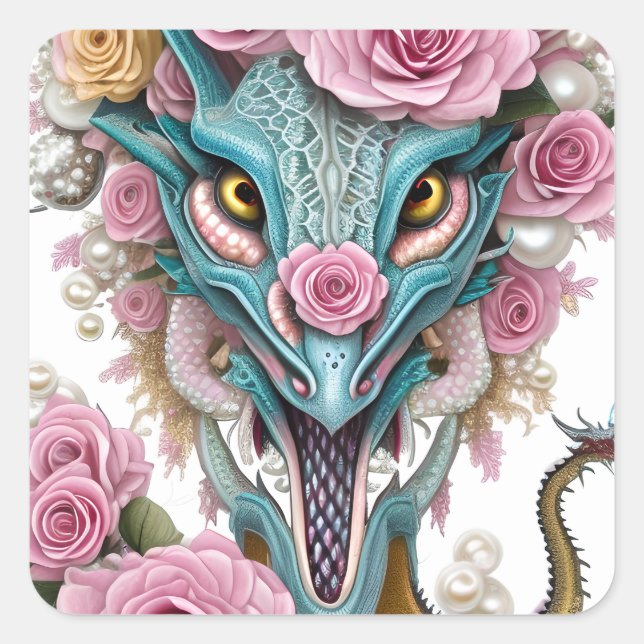 Portrait of a beautiful whimsical pink dragon head square sticker (Front)