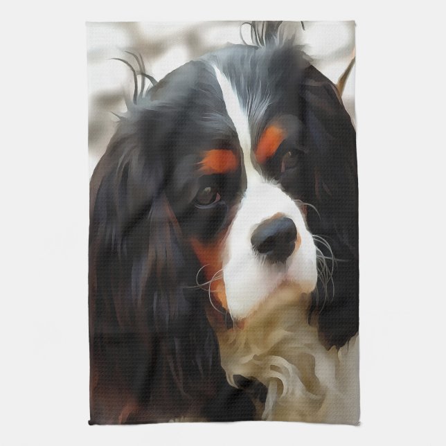 Portrait Of A Cavalier King Charles Spaniel Tea Towel (Vertical)