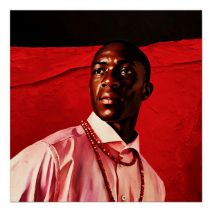 Portrait of a Confident Man in Pink Shirt with Red Poster