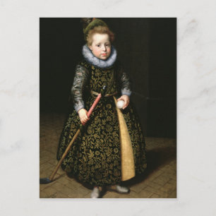 Portrait of a four-year old boy with club and postcard