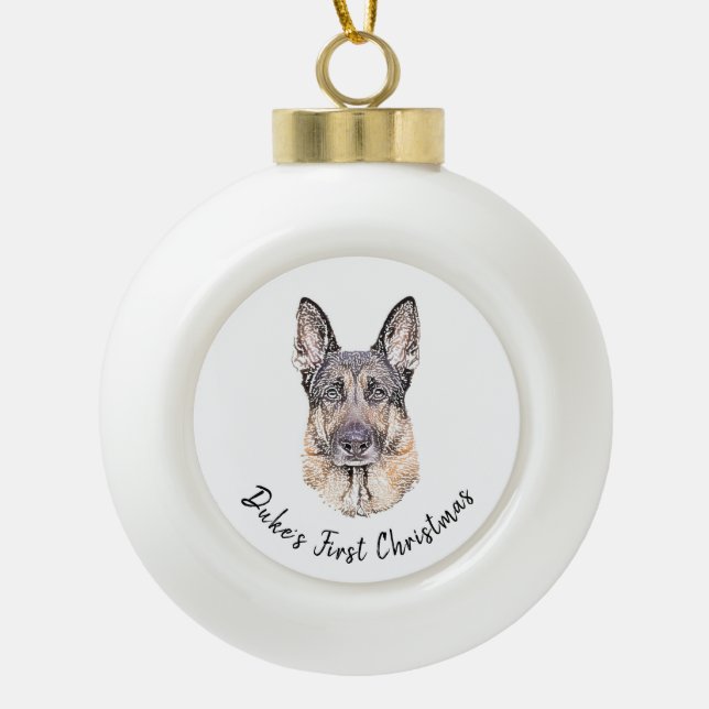 Portrait of a German Shepherd Dog Sketched Art Ceramic Ball Christmas Ornament (Front)