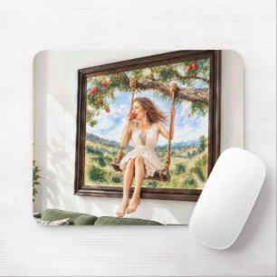Portrait of a Girl on an Apple Tree Swing Mouse Pad