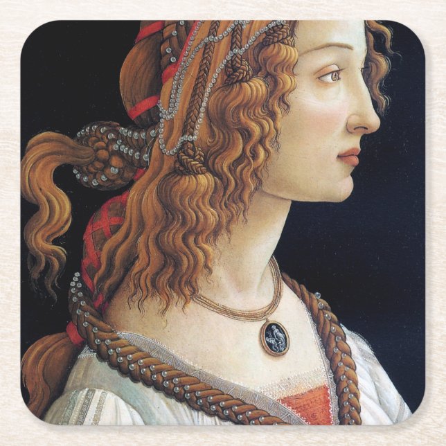 Portrait of a Lady, Sandro Botticelli Square Paper Coaster (Front)