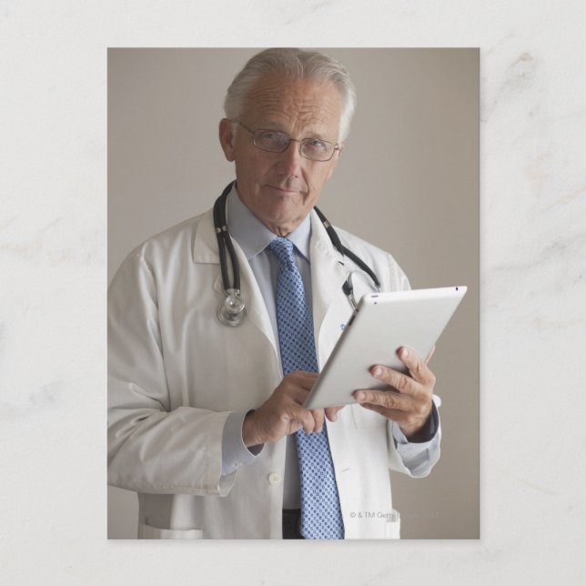 Portrait of a medical doctor holding a digital postcard (Front)