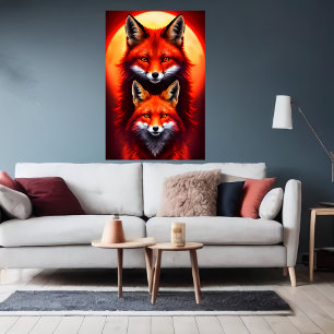 Portrait of a red fox mother and child   AI Art Poster