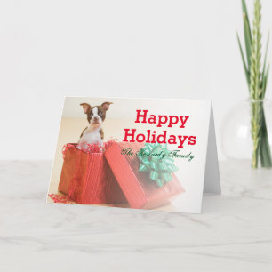 Portrait of a white and brown Boston Terrier Holiday Card