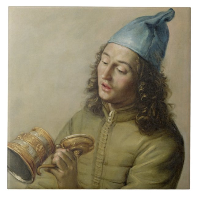 Portrait of a Young Man Holding a German Gilt Tank Tile (Front)