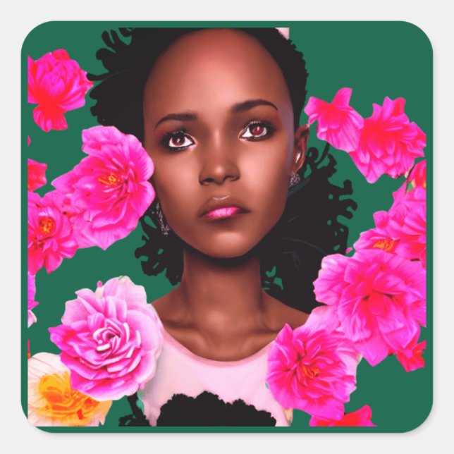 Portrait of a young woman surrounded by flowers  square sticker (Front)