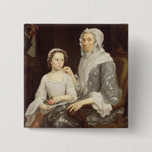 Portrait of an Elderly Lady and a Young Girl (oil 15 Cm Square Badge