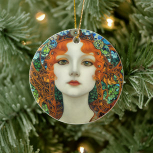 Portrait of Beautiful Woman in Stained Glass Style Ceramic Tree Decoration