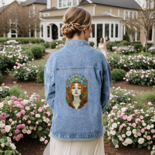 Portrait of Beautiful Woman in Stained Glass Style Denim Jacket