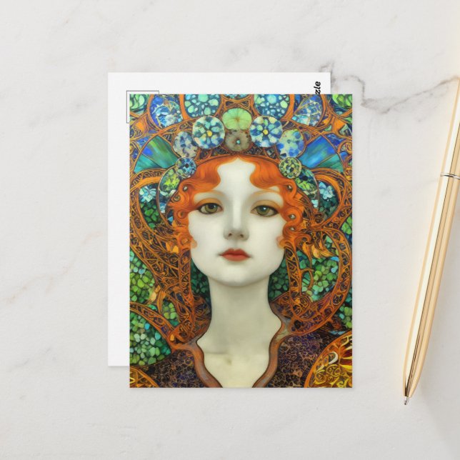 Portrait of Beautiful Woman in Stained Glass Style Postcard (Front/Back In Situ)