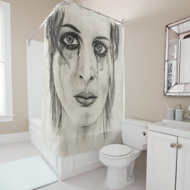 Portrait of crying girl - Drawing in pencil Shower Curtain (In Situ)