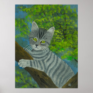 Portrait of Cute Green-eyed Cat in Tree Poster