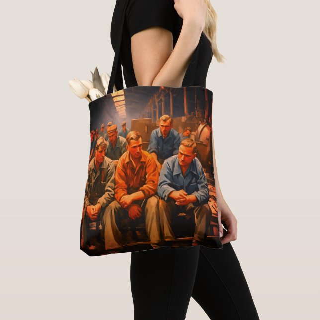 Portrait of depressed workers in a factory tote bag (Close Up)