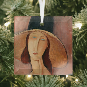 Portrait of Jeanne Hebuterne in a large hat Glass Tree Decoration