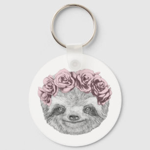 Portrait Of Sloth Floral Head Wreath Key Ring