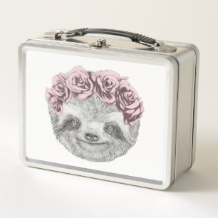 Portrait Of Sloth Floral Head Wreath Metal Lunch Box