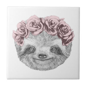 Portrait Of Sloth Floral Head Wreath Tile