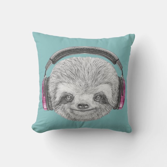 Portrait Of Sloth | Wearing Headphones Cushion (Front)