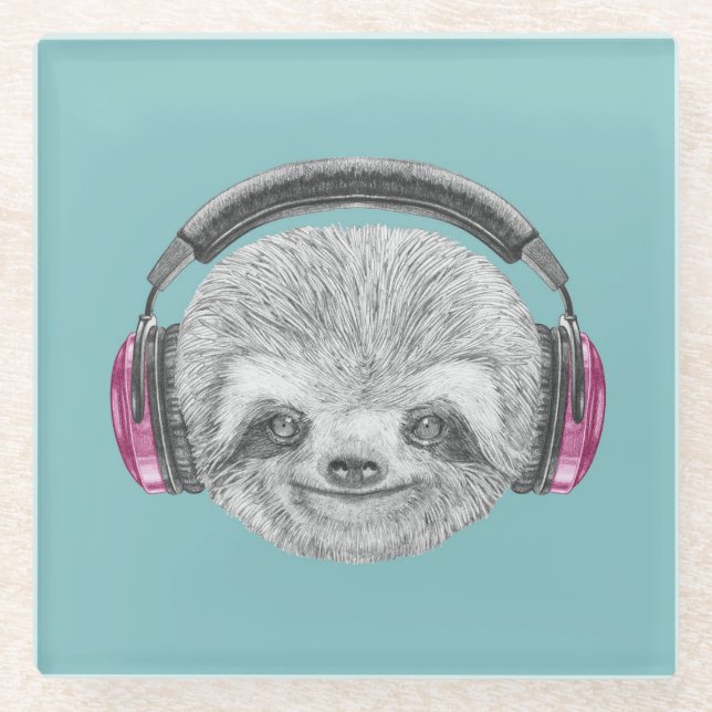 Portrait Of Sloth | Wearing Headphones Glass Coaster (Front)