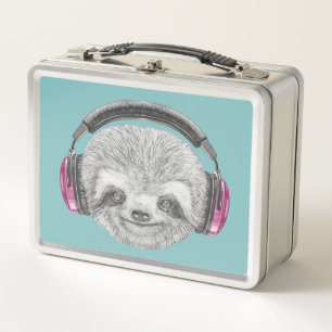 Portrait Of Sloth Wearing Headphones Metal Lunch Box