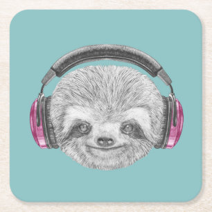 Portrait Of Sloth   Wearing Headphones Square Paper Coaster