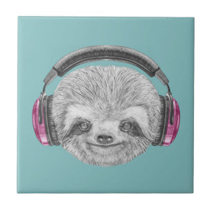 Portrait Of Sloth Wearing Headphones Tile
