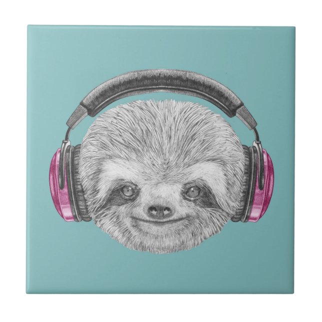 Portrait Of Sloth | Wearing Headphones Tile (Front)
