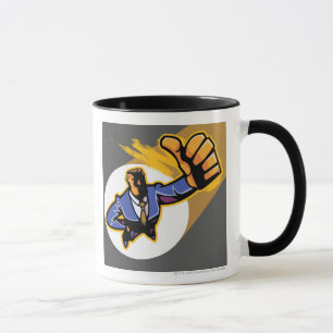 Portrait of young man showing thumbs up mug
