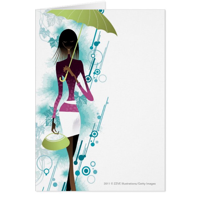 Portrait of young woman holding purse and umbrella (Front)