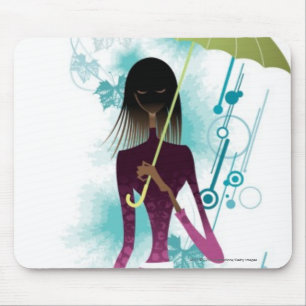 Portrait of young woman holding purse and umbrella mouse pad