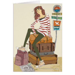 Portrait of young woman sitting on suitcase