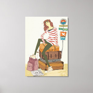 Portrait of young woman sitting on suitcase canvas print
