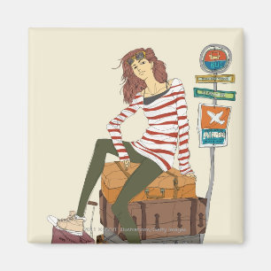 Portrait of young woman sitting on suitcase magnet
