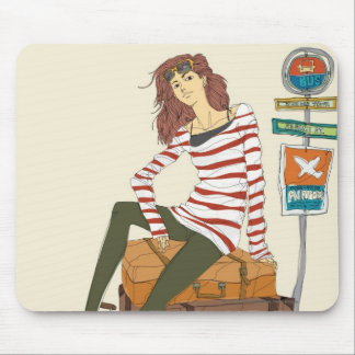 Portrait of young woman sitting on suitcase mouse pad