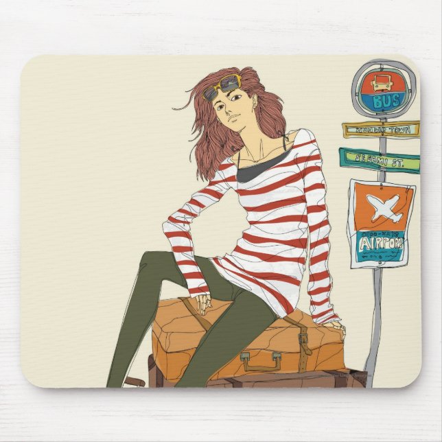 Portrait of young woman sitting on suitcase mouse pad (Front)