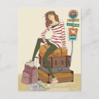 Portrait of young woman sitting on suitcase