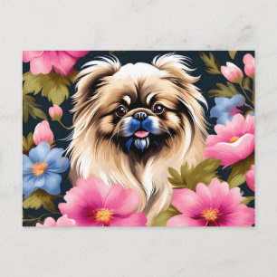 Portrait Pekingese And Flowers Postcard