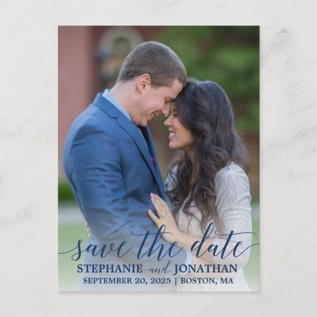 Portrait Picture Save The Date Postcard in Navy (Front)